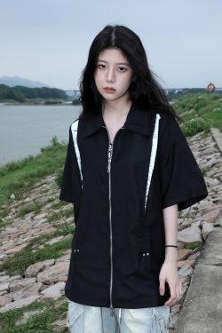 American Retro Patchwork Zip Short Sleeve Shirt for Women - Summer Loose Fit Casual Top, Y2K Street Style Fashion