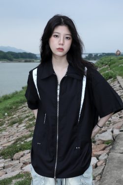 American Retro Patchwork Zip Short Sleeve Shirt for Women - Summer Loose Fit Casual Top, Y2K Street Style Fashion