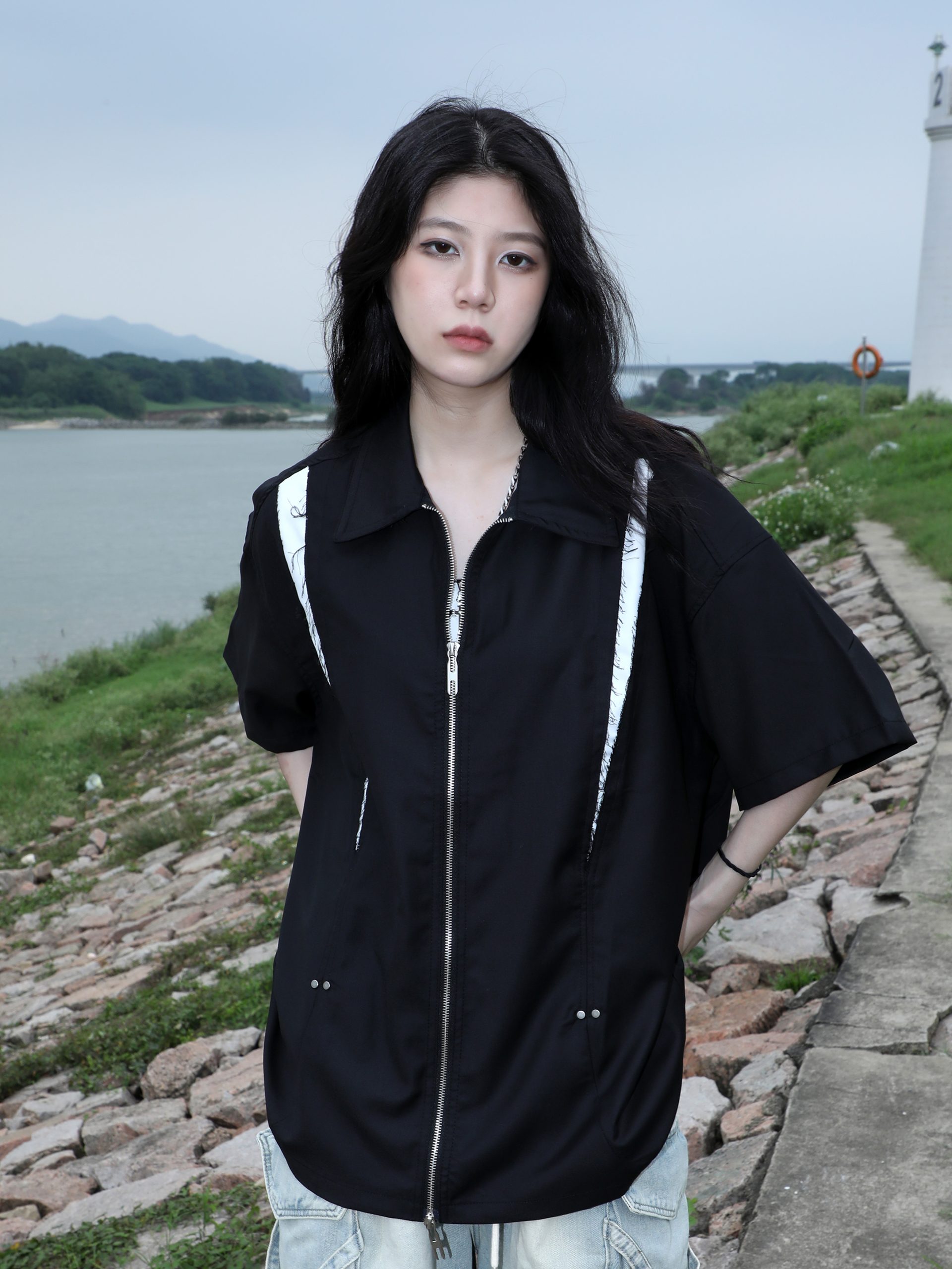 American Retro Patchwork Zip Short Sleeve Shirt for Women - Summer Loose Fit Casual Top, Y2K Street Style Fashion American Retro Patchwork Zip Short Sleeve Shirt for Women - Summer Loose Fit Casual Top, Y2K Street Style Fashion