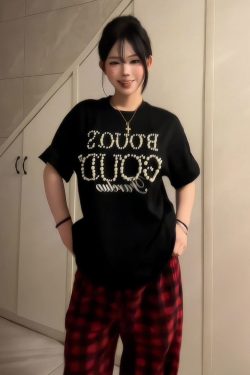 American Retro Pearl Studded Black Oversized T-Shirt for Women - Summer Short Sleeve Loose Fit Trendy Top