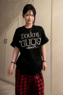 American Retro Pearl Studded Black Oversized T-Shirt for Women - Summer Short Sleeve Loose Fit Trendy Top