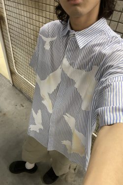 American Retro Pigeon Print Striped Short Sleeve Shirt for Men & Women - Summer Casual Loose Fit Trendy Top