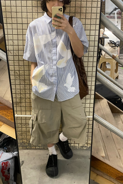 American Retro Pigeon Print Striped Short Sleeve Shirt for Men & Women - Summer Casual Loose Fit Trendy Top