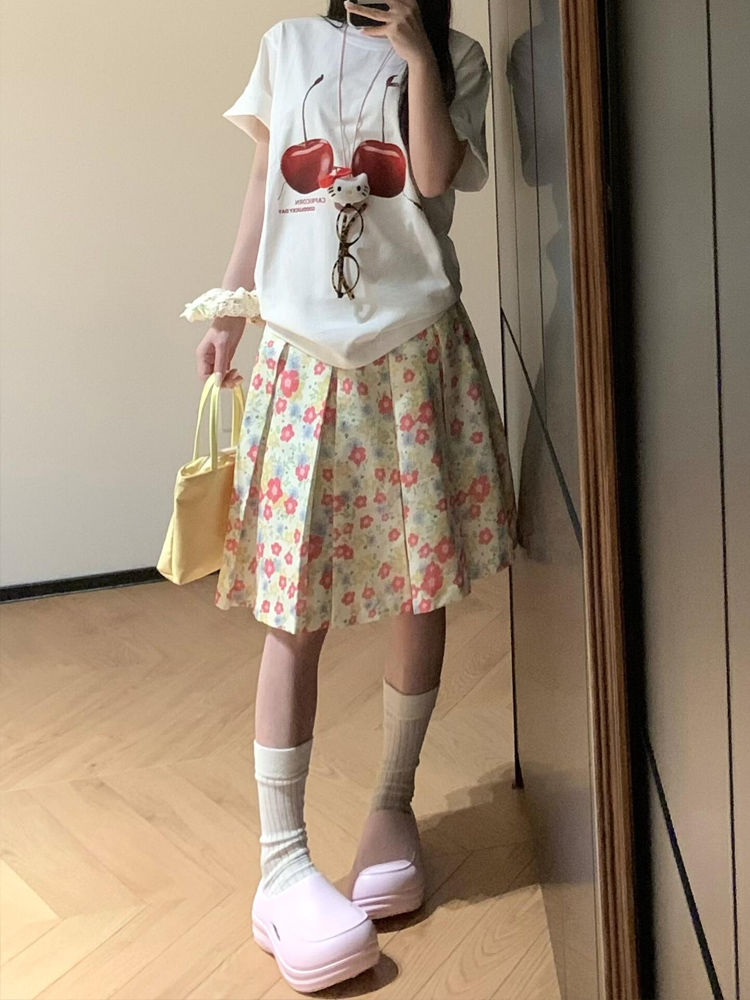 American Retro Pink Floral Midi Skirt for Women - Versatile High-Waisted Pleated Summer Skirt, Casual 90s Style American Retro Pink Floral Midi Skirt for Women - Versatile High-Waisted Pleated Summer Skirt, Casual 90s Style