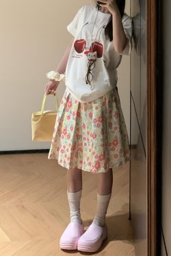 American Retro Pink Floral Midi Skirt for Women - Versatile High-Waisted Pleated Summer Skirt, Casual 90s Style