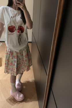 American Retro Pink Floral Midi Skirt for Women - Versatile High-Waisted Pleated Summer Skirt, Casual 90s Style