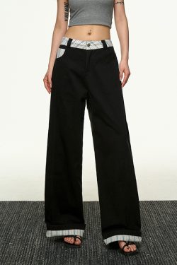 American Retro Plaid Patchwork Denim Pants for Women - Summer Loose Straight-Leg Wide-Leg Korean Style Trousers