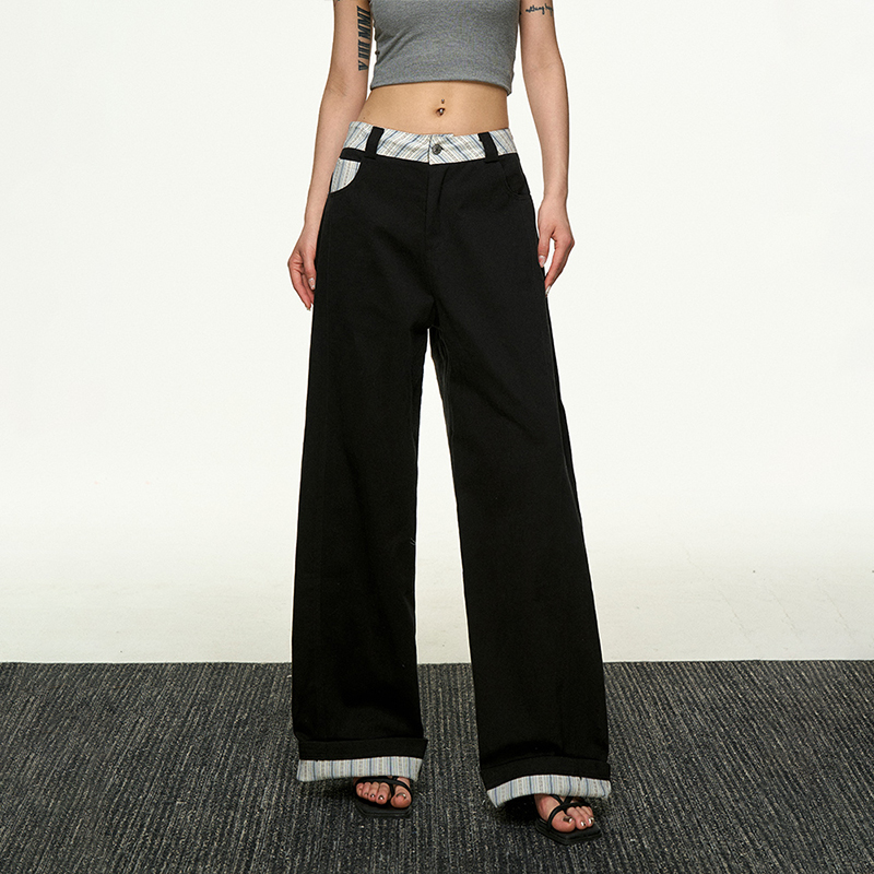 American Retro Plaid Patchwork Denim Pants for Women - Summer Loose Straight-Leg Wide-Leg Korean Style Trousers American Retro Plaid Patchwork Denim Pants for Women - Summer Loose Straight-Leg Wide-Leg Korean Style Trousers