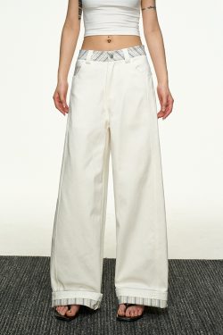 American Retro Plaid Patchwork Denim Pants for Women - Summer Loose Straight-Leg Wide-Leg Korean Style Trousers