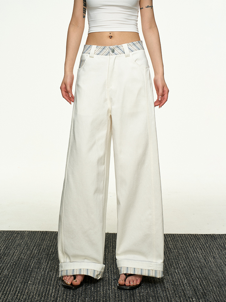 American Retro Plaid Patchwork Denim Pants for Women - Summer Loose Straight-Leg Wide-Leg Korean Style Trousers American Retro Plaid Patchwork Denim Pants for Women - Summer Loose Straight-Leg Wide-Leg Korean Style Trousers