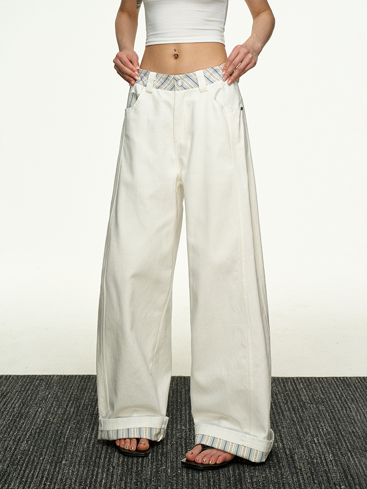 American Retro Plaid Patchwork Denim Pants for Women - Summer Loose Straight-Leg Wide-Leg Korean Style Trousers American Retro Plaid Patchwork Denim Pants for Women - Summer Loose Straight-Leg Wide-Leg Korean Style Trousers