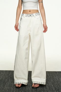 American Retro Plaid Patchwork Denim Pants for Women - Summer Loose Straight-Leg Wide-Leg Korean Style Trousers