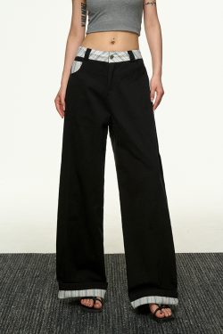 American Retro Plaid Patchwork Denim Pants for Women - Summer Loose Straight-Leg Wide-Leg Korean Style Trousers