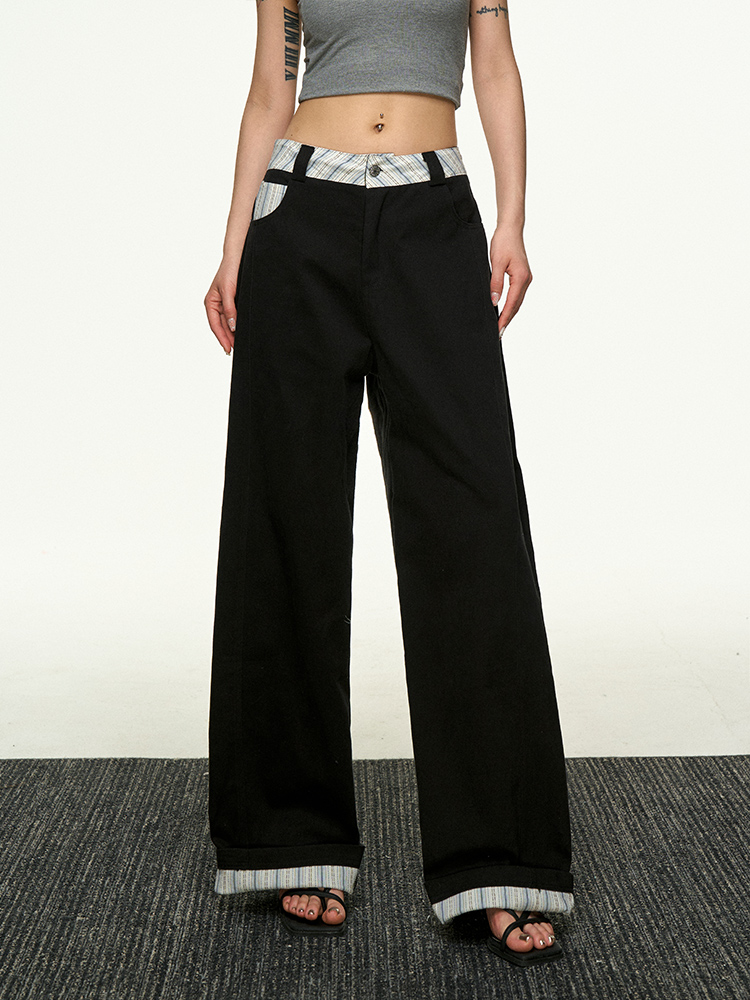 American Retro Plaid Patchwork Denim Pants for Women - Summer Loose Straight-Leg Wide-Leg Korean Style Trousers American Retro Plaid Patchwork Denim Pants for Women - Summer Loose Straight-Leg Wide-Leg Korean Style Trousers