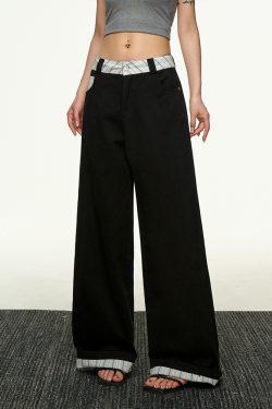 American Retro Plaid Patchwork Denim Pants for Women - Summer Loose Straight-Leg Wide-Leg Korean Style Trousers