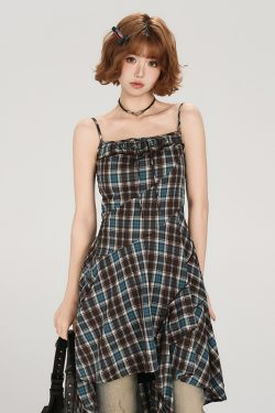 American Retro Plaid Spaghetti Strap Dress for Women - Fitted Summer Style, Cute Girly Design, Perfect for Y2K Fashion Lovers