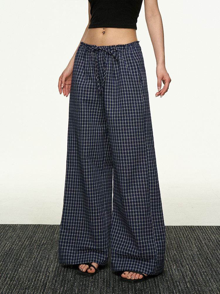 American Retro Plaid Wide-Leg Pants for Women - Summer Casual Loose Drape Drawstring Style American Retro Plaid Wide-Leg Pants for Women - Summer Casual Loose Drape Drawstring Style