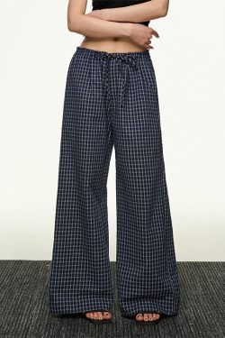 American Retro Plaid Wide-Leg Pants for Women - Summer Casual Loose Drape Drawstring Style
