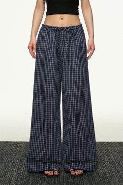 American Retro Plaid Wide-Leg Pants for Women - Summer Casual Loose Drape Drawstring Style