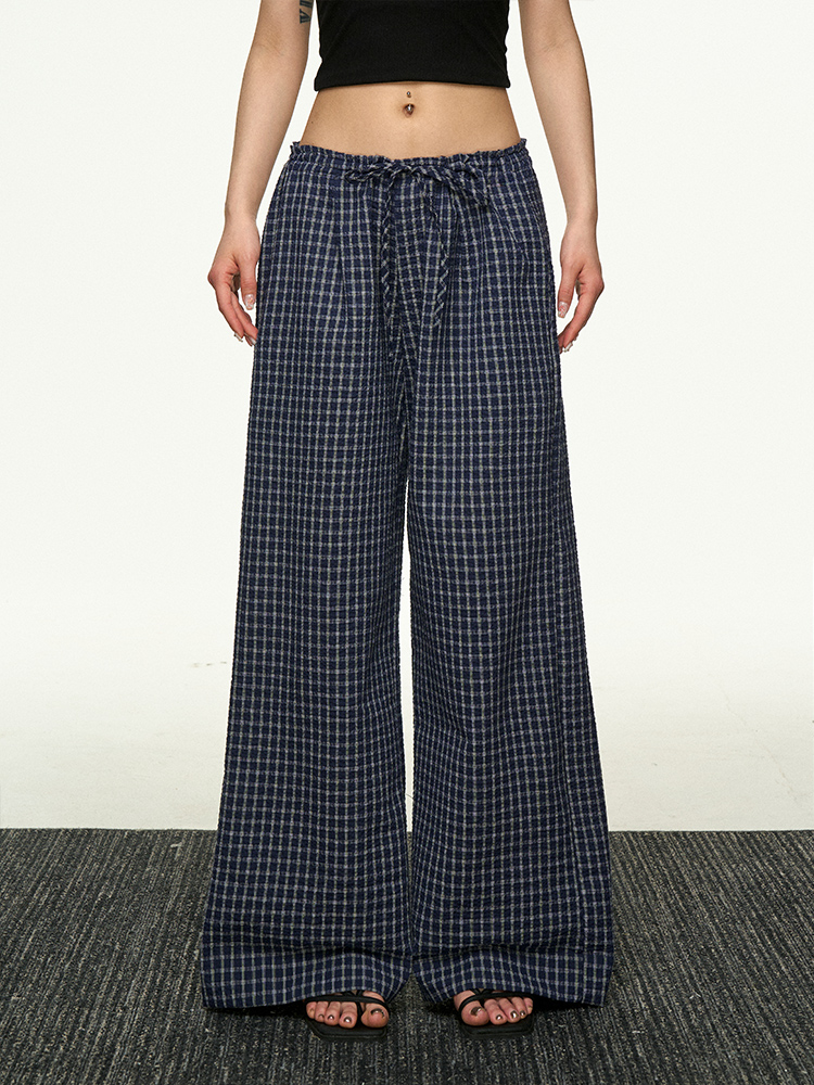 American Retro Plaid Wide-Leg Pants for Women - Summer Casual Loose Drape Drawstring Style American Retro Plaid Wide-Leg Pants for Women - Summer Casual Loose Drape Drawstring Style