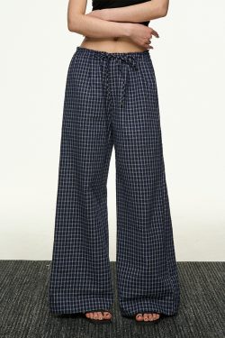 American Retro Plaid Wide-Leg Pants for Women - Summer Casual Loose Drape Drawstring Style