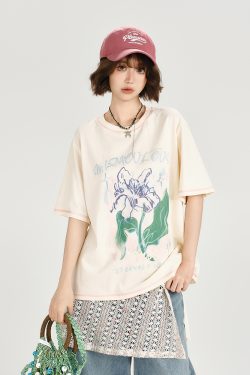 American Retro Plant Print Short Sleeve T-Shirt for Women - Summer Casual Loose Fit Top, Girly Style, Vintage Inspired