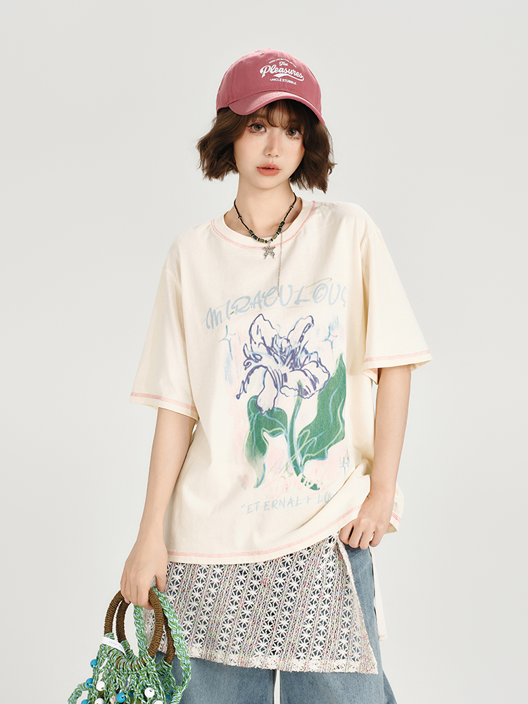 American Retro Plant Print Short Sleeve T-Shirt for Women - Summer Casual Loose Fit Top, Girly Style, Vintage Inspired American Retro Plant Print Short Sleeve T-Shirt for Women - Summer Casual Loose Fit Top, Girly Style, Vintage Inspired