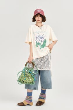 American Retro Plant Print Short Sleeve T-Shirt for Women - Summer Casual Loose Fit Top, Girly Style, Vintage Inspired