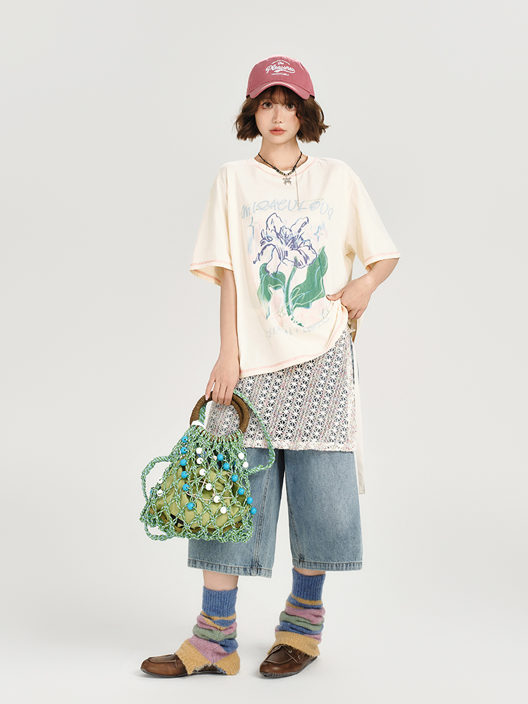 American Retro Plant Print Short Sleeve T-Shirt for Women - Summer Casual Loose Fit Top, Girly Style, Vintage Inspired American Retro Plant Print Short Sleeve T-Shirt for Women - Summer Casual Loose Fit Top, Girly Style, Vintage Inspired