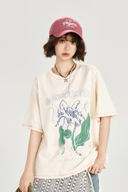 American Retro Plant Print Short Sleeve T-Shirt for Women - Summer Casual Loose Fit Top, Girly Style, Vintage Inspired