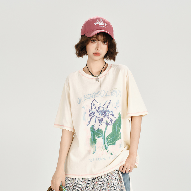 American Retro Plant Print Short Sleeve T-Shirt for Women - Summer Casual Loose Fit Top, Girly Style, Vintage Inspired American Retro Plant Print Short Sleeve T-Shirt for Women - Summer Casual Loose Fit Top, Girly Style, Vintage Inspired