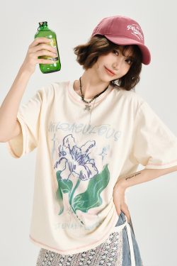 American Retro Plant Print Short Sleeve T-Shirt for Women - Summer Casual Loose Fit Top, Girly Style, Vintage Inspired