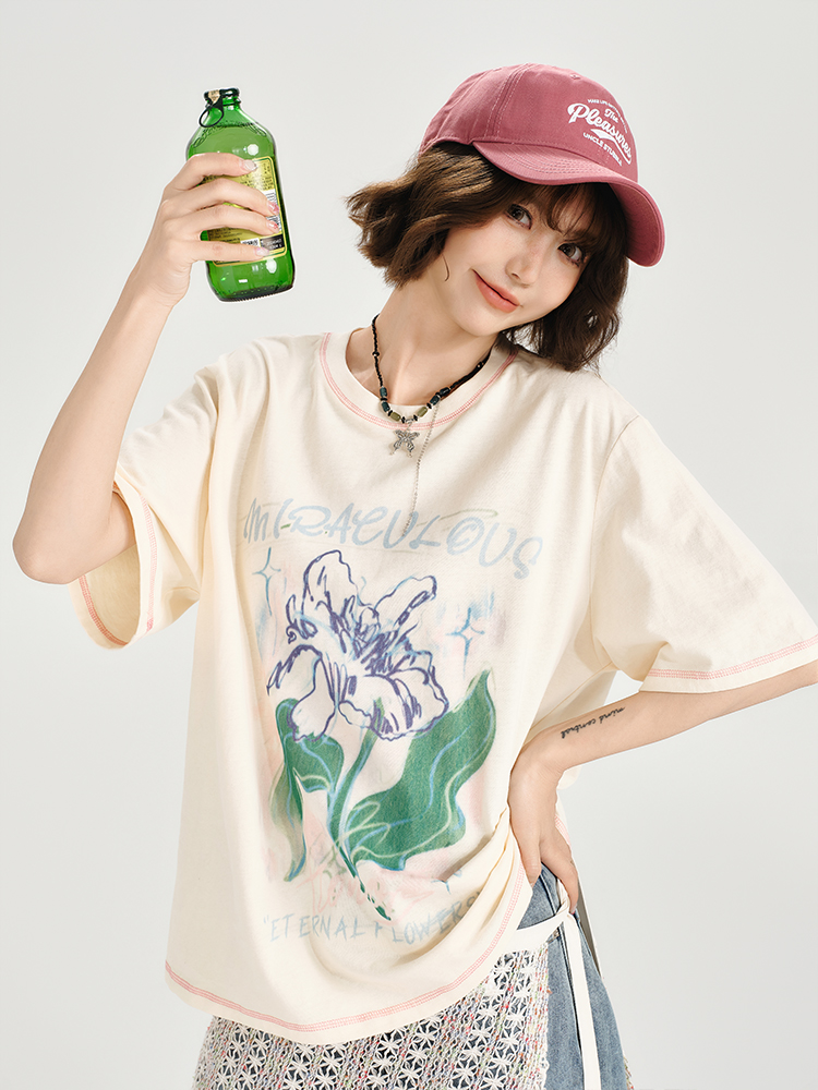 American Retro Plant Print Short Sleeve T-Shirt for Women - Summer Casual Loose Fit Top, Girly Style, Vintage Inspired American Retro Plant Print Short Sleeve T-Shirt for Women - Summer Casual Loose Fit Top, Girly Style, Vintage Inspired