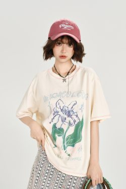 American Retro Plant Print Short Sleeve T-Shirt for Women - Summer Casual Loose Fit Top, Girly Style, Vintage Inspired