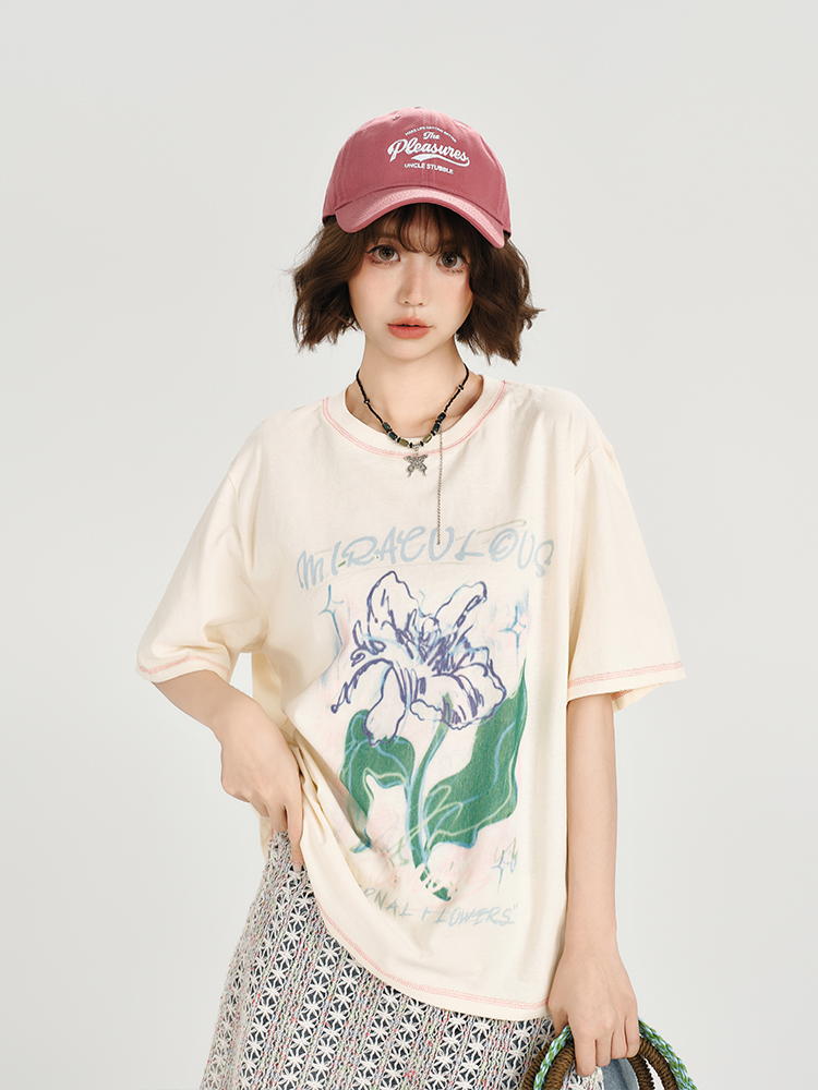 American Retro Plant Print Short Sleeve T-Shirt for Women - Summer Casual Loose Fit Top, Girly Style, Vintage Inspired American Retro Plant Print Short Sleeve T-Shirt for Women - Summer Casual Loose Fit Top, Girly Style, Vintage Inspired