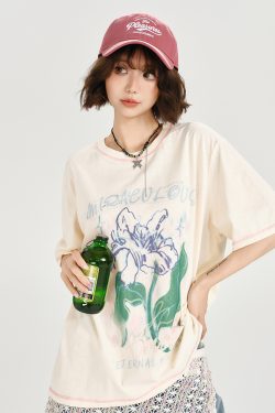American Retro Plant Print Short Sleeve T-Shirt for Women - Summer Casual Loose Fit Top, Girly Style, Vintage Inspired