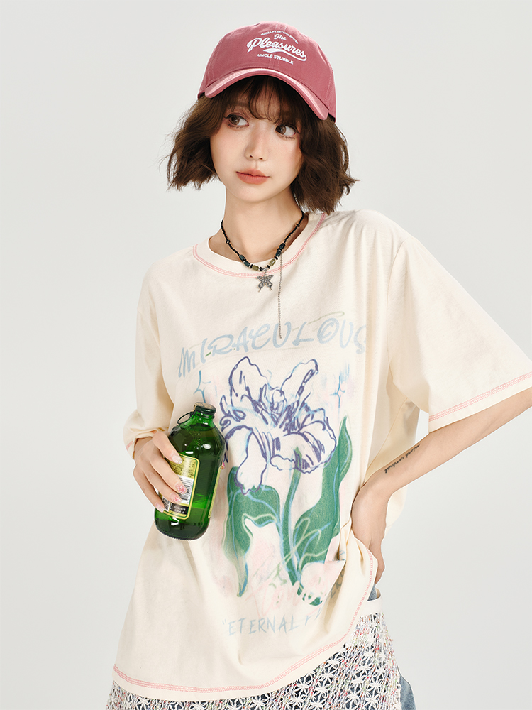 American Retro Plant Print Short Sleeve T-Shirt for Women - Summer Casual Loose Fit Top, Girly Style, Vintage Inspired American Retro Plant Print Short Sleeve T-Shirt for Women - Summer Casual Loose Fit Top, Girly Style, Vintage Inspired