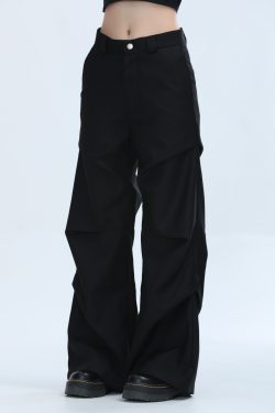 American Retro Pleated Black Casual Pants for Women - Niche Loose Straight Wide-Leg Design, Vintage Style, Comfortable Fit