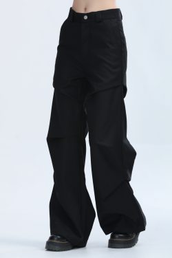 American Retro Pleated Black Casual Pants for Women - Niche Loose Straight Wide-Leg Design, Vintage Style, Comfortable Fit