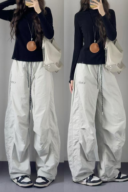 American Retro Pleated Cargo Pants for Men and Women - Loose Wide-Leg Parachute Pants with Elastic Waist and Drawstring, Trendy Sports Dance Style