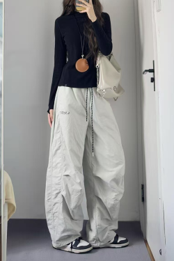 American Retro Pleated Cargo Pants for Men and Women - Loose Wide-Leg Parachute Pants with Elastic Waist and Drawstring, Trendy Sports Dance Style