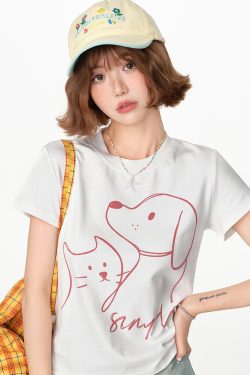 American Retro Printed Basic Round Neck Short Sleeve T-Shirt for Women - Casual Slim Fit Summer Top, Y2K Inspired Fashion
