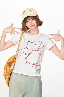 American Retro Printed Basic Round Neck Short Sleeve T-Shirt for Women - Casual Slim Fit Summer Top, Y2K Inspired Fashion