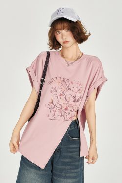 American Retro Printed Drop Shoulder Short Sleeve T-Shirt for Women - Casual Loose Fit with Side Slit - Summer 90s Style