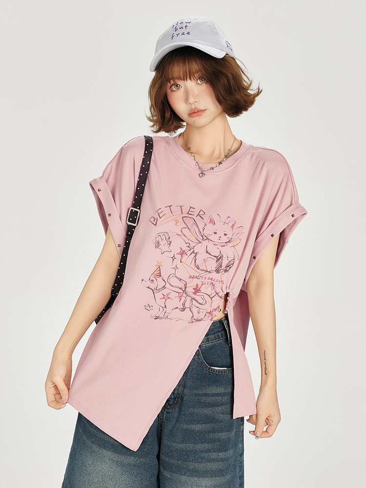 American Retro Printed Drop Shoulder Short Sleeve T-Shirt for Women - Casual Loose Fit with Side Slit - Summer 90s Style American Retro Printed Drop Shoulder Short Sleeve T-Shirt for Women - Casual Loose Fit with Side Slit - Summer 90s Style