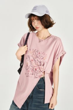 American Retro Printed Drop Shoulder Short Sleeve T-Shirt for Women - Casual Loose Fit with Side Slit - Summer 90s Style