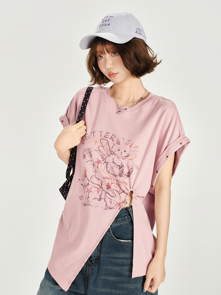 American Retro Printed Drop Shoulder Short Sleeve T-Shirt for Women - Casual Loose Fit with Side Slit - Summer 90s Style American Retro Printed Drop Shoulder Short Sleeve T-Shirt for Women - Casual Loose Fit with Side Slit - Summer 90s Style