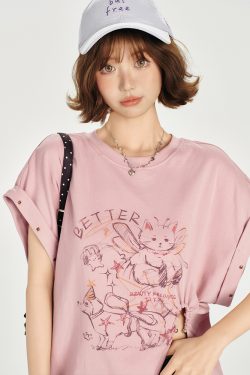 American Retro Printed Drop Shoulder Short Sleeve T-Shirt for Women - Casual Loose Fit with Side Slit - Summer 90s Style