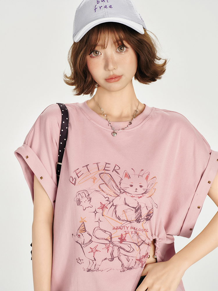 American Retro Printed Drop Shoulder Short Sleeve T-Shirt for Women - Casual Loose Fit with Side Slit - Summer 90s Style American Retro Printed Drop Shoulder Short Sleeve T-Shirt for Women - Casual Loose Fit with Side Slit - Summer 90s Style