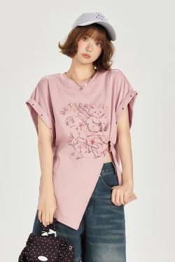 American Retro Printed Drop Shoulder Short Sleeve T-Shirt for Women - Casual Loose Fit with Side Slit - Summer 90s Style